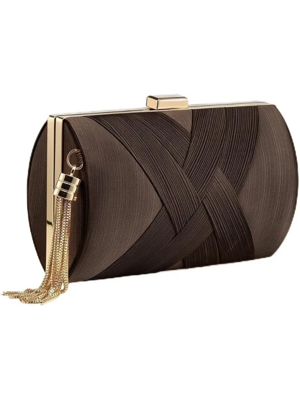 Women's Brown Silk Satin Clutch Purse Pearl Tassel With Chain Evening Bag